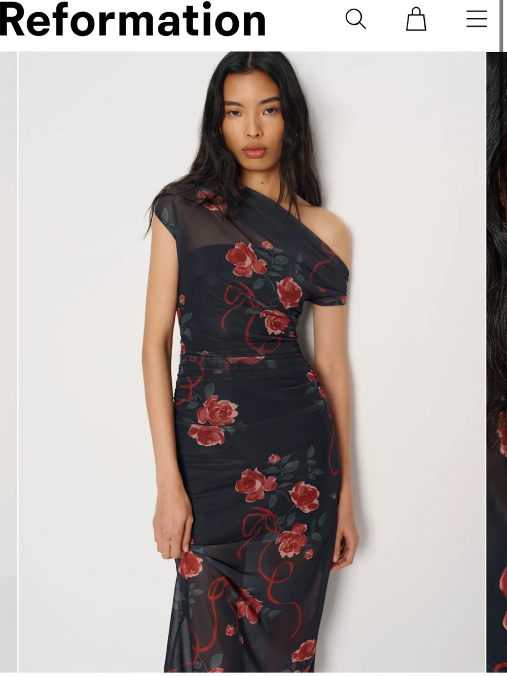 Reformation Black One-Shoulder Floral Midi Dress with Red Roses